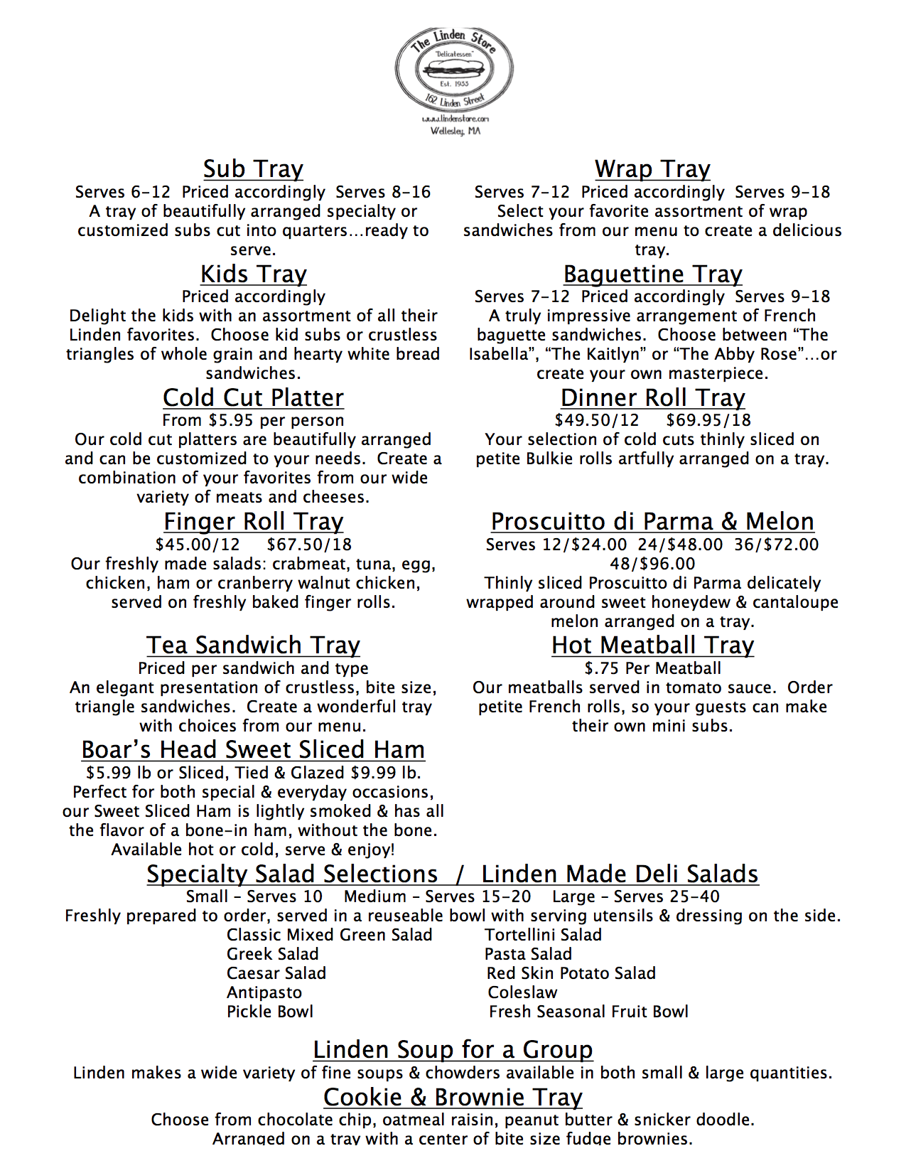 Linden Store catering menu